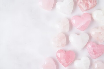 Fototapeta premium A collection of pink and white heart-shaped crystals arranged on a light background, symbolizing love and positivity.