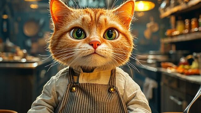 Ginger cat chef in a kitchen, cooking, food preparation, humorous, advertising use