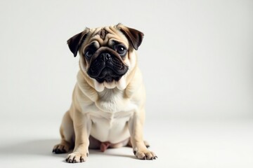 Obraz premium A solo pug poses against a pure white backdrop , full body, white, mammal