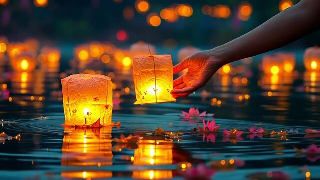 Floating lantern ceremony, water reflections, evening, cultural tradition, peaceful scene