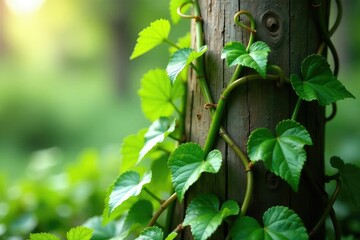 Delicate tendrils and vines wrapped around a wooden post, nature, foliage, isolated