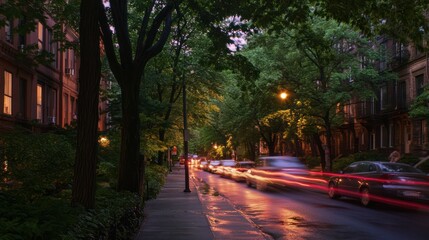Twilight city street, cars blurring, trees lining houses, urban calm, travel