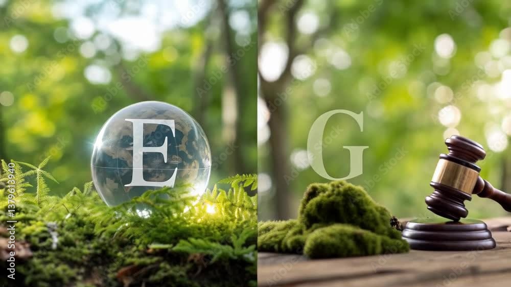 Poster a split image showing a globe with the letter e and a gavel with the letter g on a wooden surface