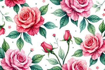 Delicate watercolor roses & leaves, repeating pattern , botanical, blossom
