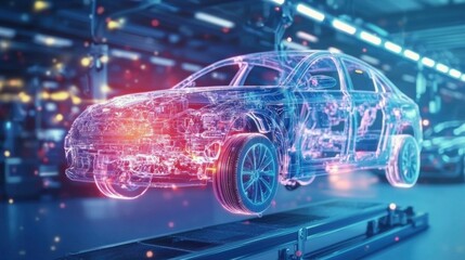 Innovative automotive technology showcase virtual factory 3d model industrial setting close-up view future mobility concepts