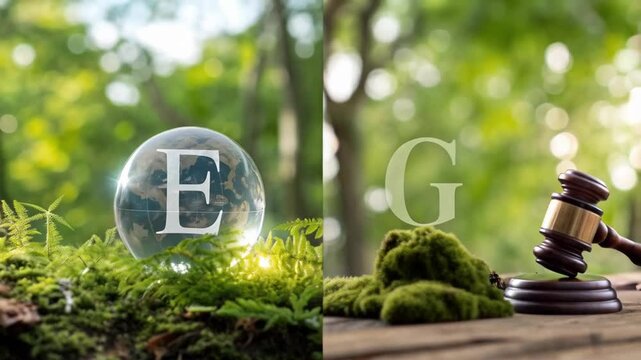 A split image showing a globe with the letter e and a gavel with the letter g on a wooden surface