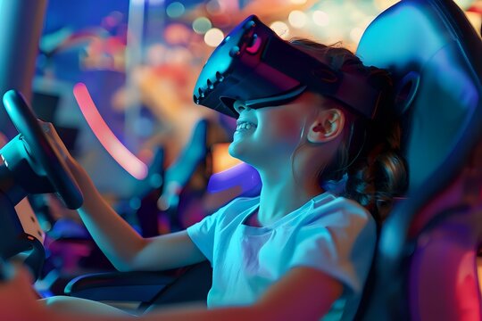 Immersive Virtual Reality: A Child Joyfully Drives in a Simulated Race Car Game, Experiencing Thrilling Adventures in a Vivid, Neon-Lit Arcade Setting, Embracing the Excitement of Innovative Technolog - Powered by Adobe