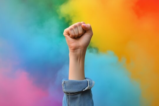 Raised fist against rainbow background for activism, unity. Symbol of strength and resistance for equality and social justice. Poster for pride month event, demonstration