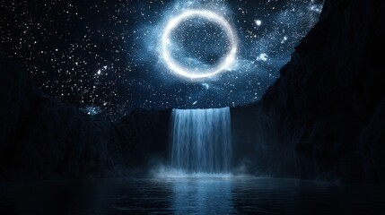 A radiant waterfall rising from a moonlit pond, stars flowing up into a circular sky portal