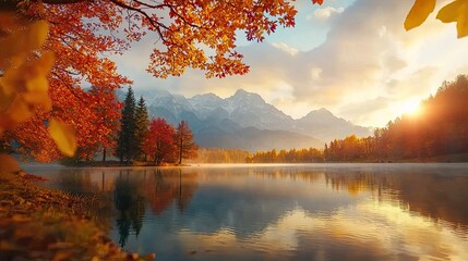 Autumn trees reflect in the calm waters of a lake