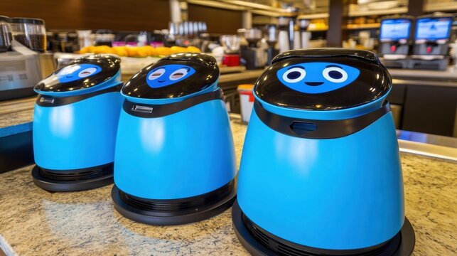 Three Blue Robots on a Cafe Counter