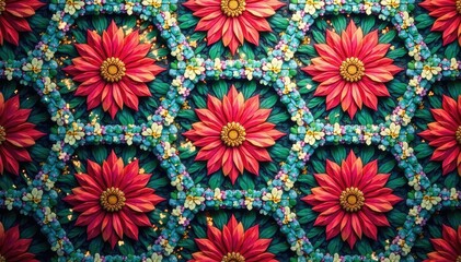 Intricate floral pattern within a tessellated hexagon , wallpaper, symmetrical, plant