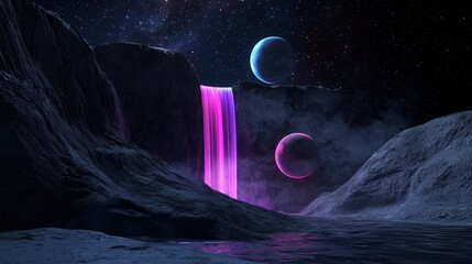 A neon light show waterfall on a sci-fi planet under twin moons, stars rotating above