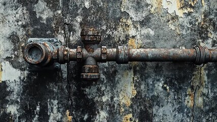 A weathered and rusted metal pipe system affixed to an aged, crumbling wall. - Powered by Adobe