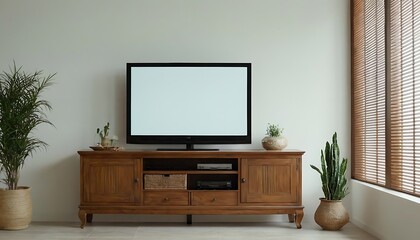 Living room interior with tv on cabinet and decorative lath on empty white wall background,apartment, furniture, horizontal, hotel, indoors, living room,7