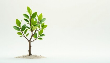 Single young tree, delicate leaves, white backdrop, agriculture, root