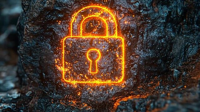 Fiery lock etched into dark rock, security concept, digital art