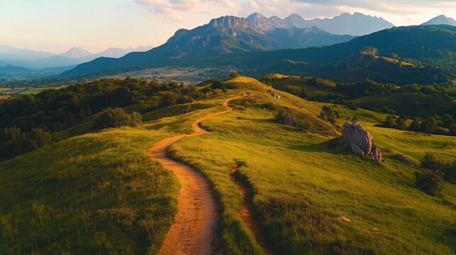 Scenic landscape with winding path and mountains in the background. vlog mood and tone