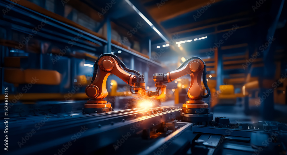 Aufkleber two orange robotic arms are welding metal pieces on a conveyor belt in a factory. sparks illuminate 