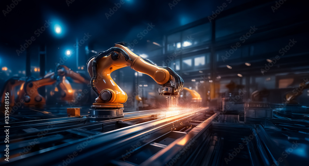 Aufkleber a futuristic factory interior featuring automated robotic arms working on a production line. sparks 