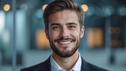 Fototapeta premium Close up portrait young boss man looking at camera and smiling, businessman banker with beard photo with out of focus office background