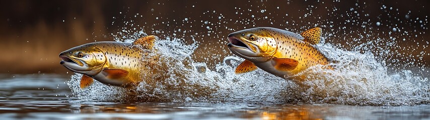 Two trout leaping river splash.