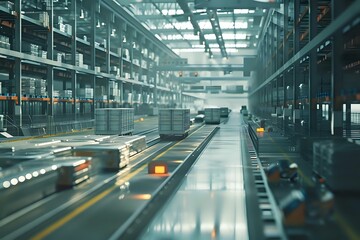 Obraz premium Automated Warehouses: Exploring the Future of Logistics, Featuring High-Tech Conveyor Systems and Efficient Cargo Transport in Modern Distribution Centers, Revolutionizing Supply Chains with Innovativ