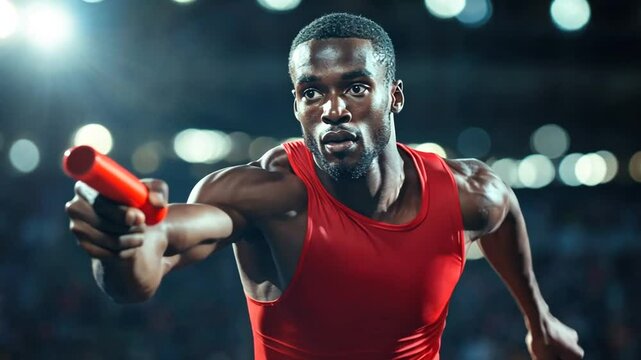 Runner Prepares to Pass Baton During Relay Race at Night Event Generative AI