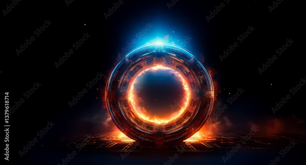 Poster a vibrant circular portal emits blue and orange flames against a dark backdrop, creating a luminous 