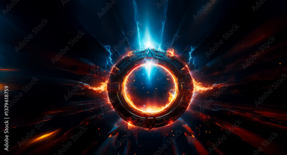 Aufkleber Mysterious circular portal glows intensely with vibrant blue and orange energy in dark space. A powerful and enigmatic scene unfolds.