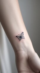 Obraz premium Minimalist black butterfly tattoo on a person's wrist, symbolizing transformation, freedom, and beauty, featuring fine-line ink art in a delicate and elegant design
