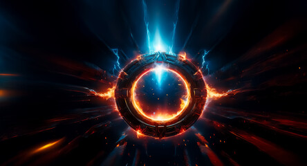 Obraz premium Mysterious circular portal glows intensely with vibrant blue and orange energy in dark space. A powerful and enigmatic scene unfolds.