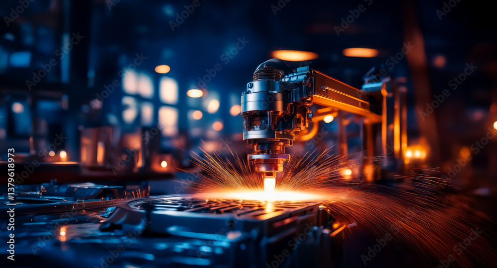 Aufkleber automated machinery in a dimly lit industrial setting uses focused energy, emitting bright sparks as