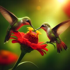 Naklejka premium A vibrant hummingbird feeds from a glowing red flower's center.