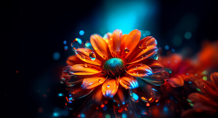 Vibrant orange flower with water droplets glistens on its petals. A dark background with bokeh lights creates a magical and beautiful atmosphere.