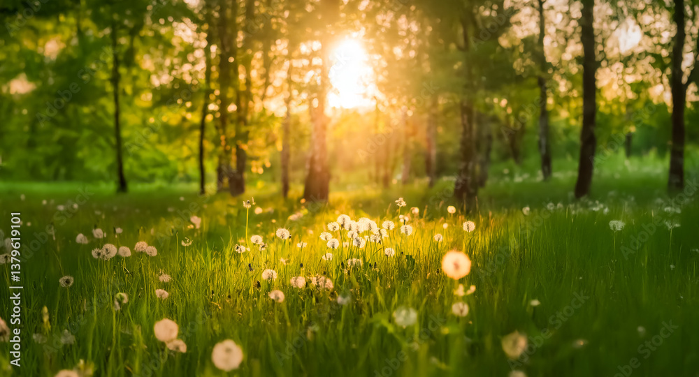 Poster Sunlight streams through trees in a lush forest, illuminating a field of fluffy dandelions. Nature's beauty shines in this peaceful, bright, and inviting scene.