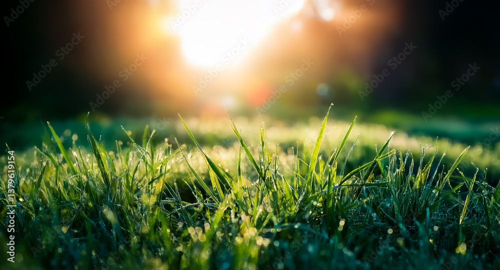 Poster Sunlight illuminates dewy grass blades in a close-up view, creating a bokeh effect in the blurred background of natural outdoor environment.