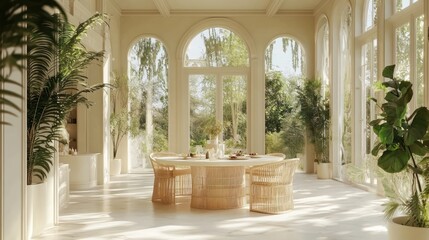 Sunlit conservatory dining, garden view, serene breakfast