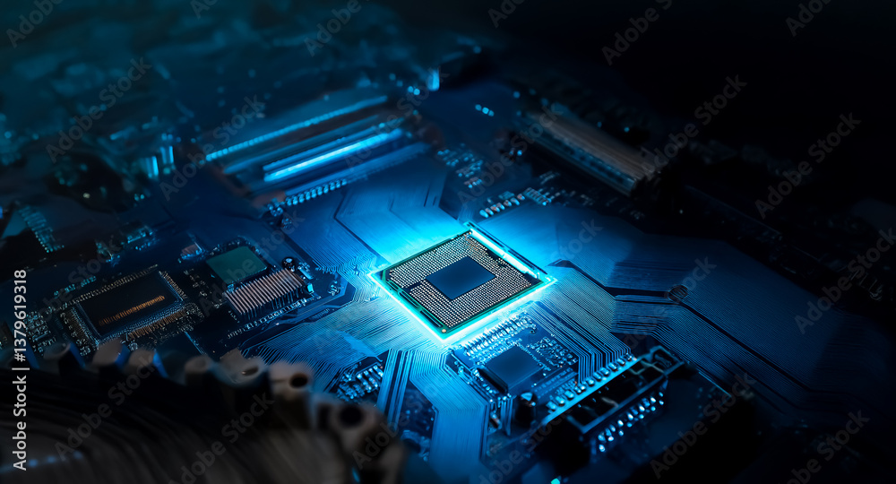 Leinwandbilder a glowing computer chip is centered on a circuit board, illuminated by blue light. the intricate det