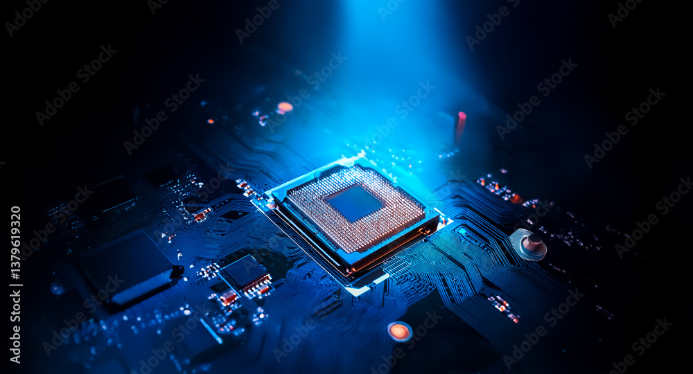 Poster a glowing blue light illuminates a central computer chip on a dark circuit board. the image evokes t