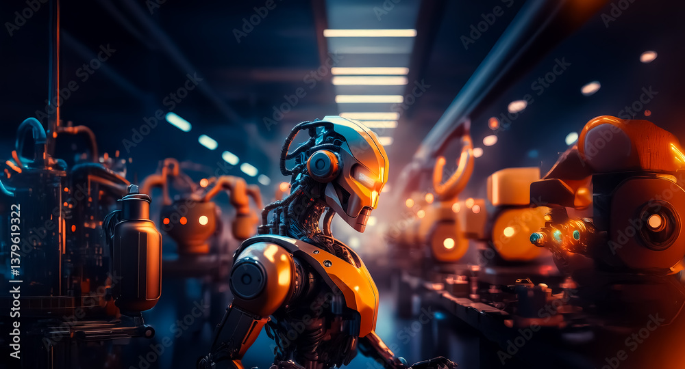 Leinwandbilder a sleek metallic robot stands in a dimly lit futuristic factory, surrounded by automated machinery a