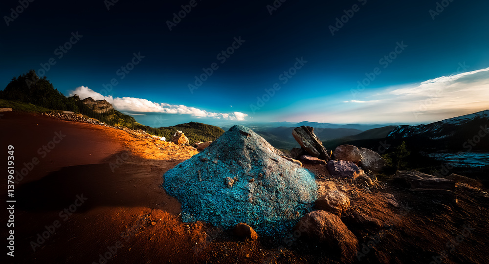 Poster vibrant mountain landscape features a textured rock in the foreground under a clear blue sky with di