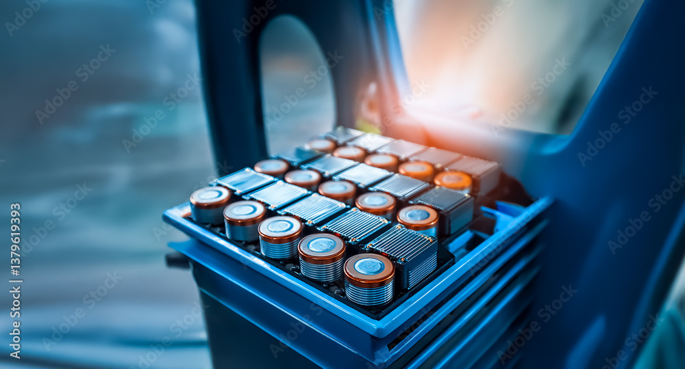 Aufkleber close up of battery cells arranged in a blue tray, possibly in a factory or technological setting wi