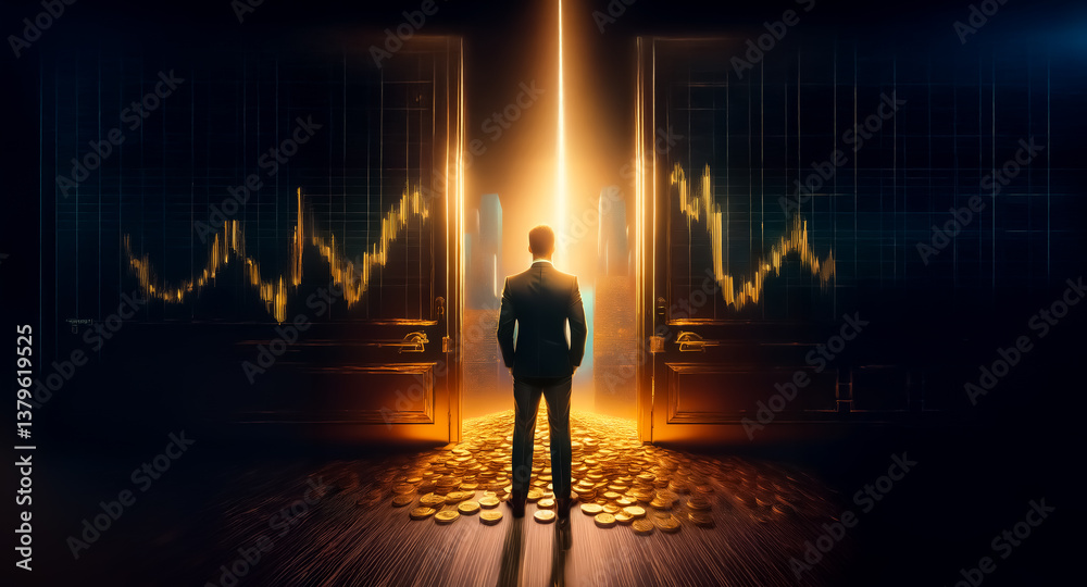 Poster a business person in a suit faces open doors with financial charts. golden coins on the floor and br