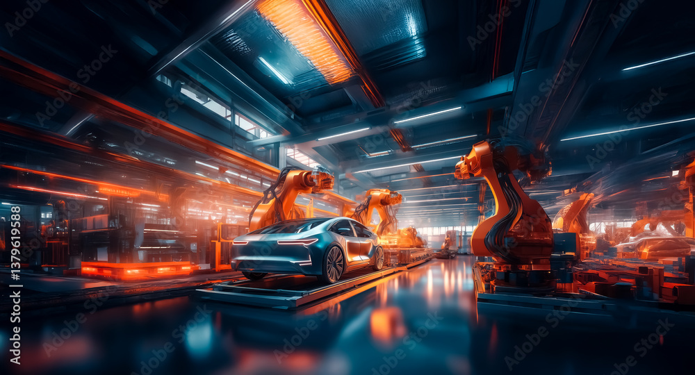 Aufkleber futuristic car factory interior with robotic arms assembling a vehicle on a production line under ne