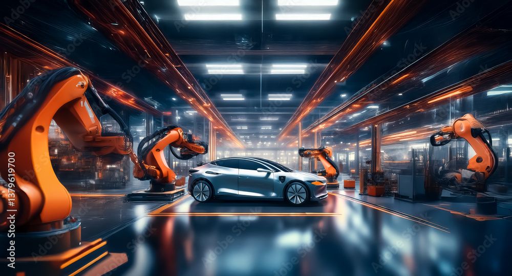 Aufkleber a futuristic car assembly line showcases automated robotic arms precisely working on a sleek silver 