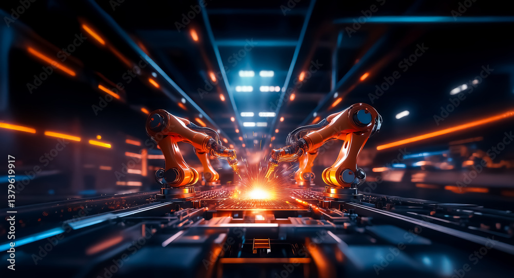 Poster automated factory with robotic arms on a production line. bright lights illuminate machinery in a mo