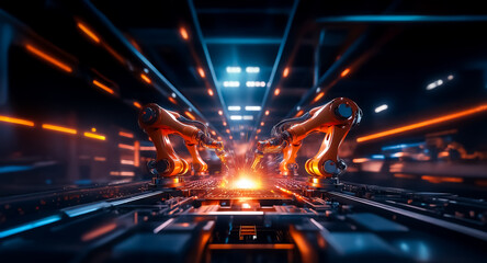 Automated factory with robotic arms on a production line. Bright lights illuminate machinery in a modern industrial setting.