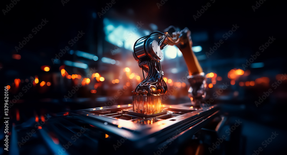 Leinwandbilder a metallic robotic arm works with precision in a dimly lit industrial environment. orange glows illu