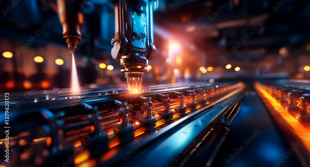 Aufkleber Futuristic automated factory with robotic arms working on a production line under vibrant orange and blue lights, showcasing industrial technology and innovation.